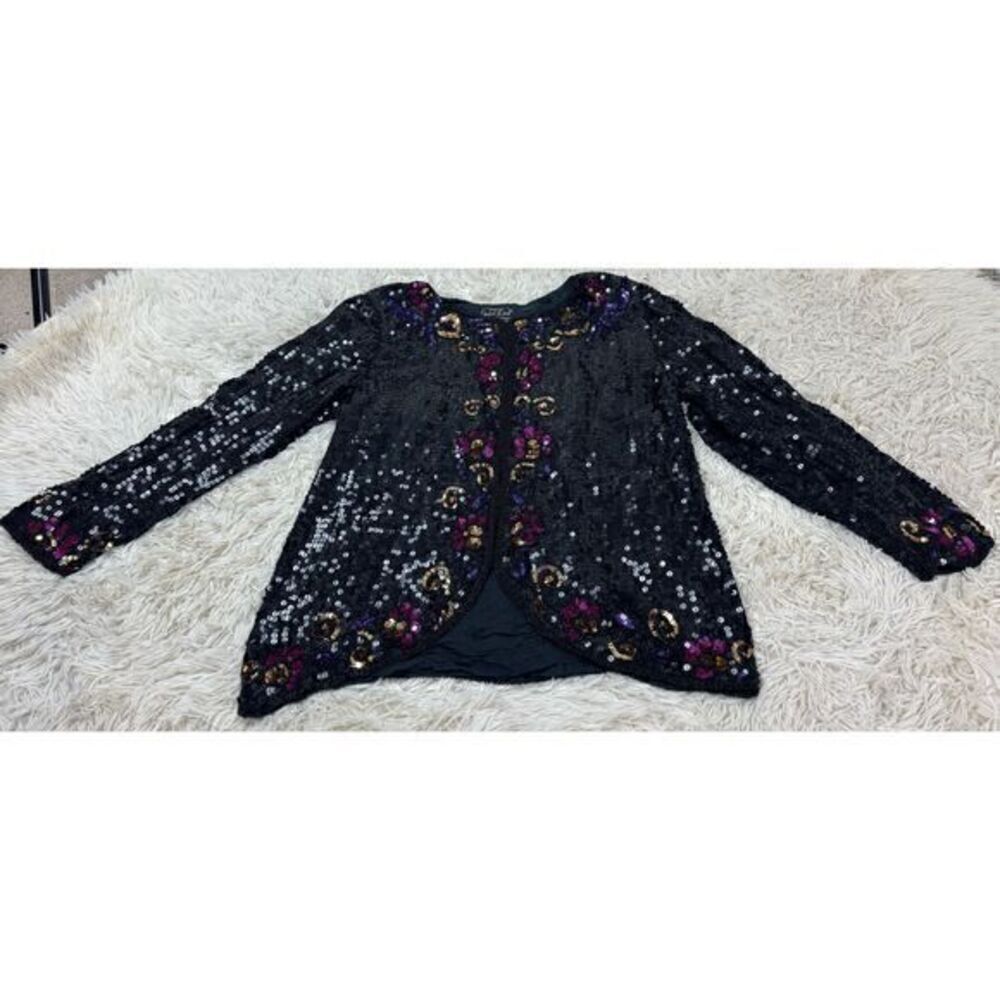 Black, Gold, Pink & Purple Vintage Beaded Silk Blouse size Medium by Jean for Jo
